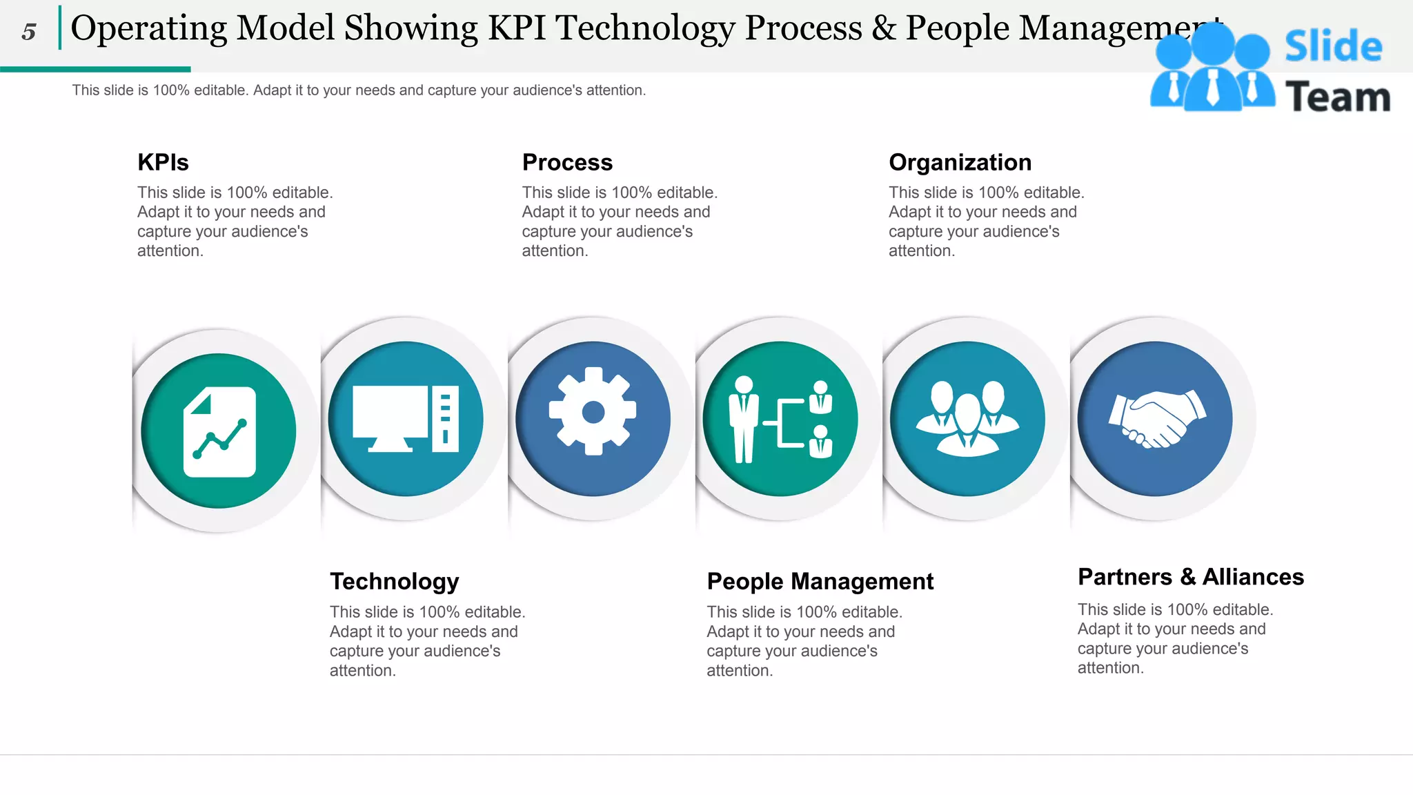 This slide is 100% editable. Adapt it to your needs and capture your audience's attention.
Operating Model Showing KPI Technology Process & People Management
5
This slide is 100% editable.
Adapt it to your needs and
capture your audience's
attention.
KPls
This slide is 100% editable.
Adapt it to your needs and
capture your audience's
attention.
Process
This slide is 100% editable.
Adapt it to your needs and
capture your audience's
attention.
Organization
This slide is 100% editable.
Adapt it to your needs and
capture your audience's
attention.
Technology
This slide is 100% editable.
Adapt it to your needs and
capture your audience's
attention.
People Management
This slide is 100% editable.
Adapt it to your needs and
capture your audience's
attention.
Partners & Alliances
 
