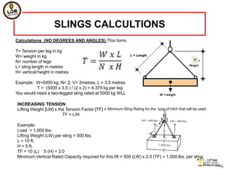 SLINGS CALCULTIONS
Calculations (NO DEGREES AND ANGLES) This formula is:

T= Tension per leg in kg
W= weight in kg
N= number of legs                                                                                    H
L= sling length in metres
H= vertical height in metres

Example: W=5000 kg, N= 2, V= 2metres, L = 3.5 metres
          T = (5000 x 3.5 ) / (2 x 2) = 4.375 kg per leg
You would need a two-legged sling rated at 5000 kg WLL capacity per leg

INCREASING TENSION
Lifting Weight [LW] x the Tension Factor [TF] = Minimum Sling Rating for the type of hitch that will be used.
                        TF = L/H

Example:
Load = 1,000 lbs.
Lifting Weight (LW) per sling = 500 lbs.
L = 10 ft.
H = 5 ft.
TF = 10 (L) 5 (H) = 2.0
Minimum Vertical Rated Capacity required for this lift = 500 (LW) x 2.0 (TF) = 1,000 lbs. per sling
 