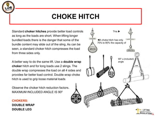 CHOKE HITCH
Standard choker hitches provide better load controls                 This 
as long as the loads are short. When lifting longer
bundled loads there is the danger that some of the     A choke hitch has only
                                                       70% to 80% the capacity of
bundle content may slide out of the sling. As can be
seen, a standard choker hitch compresses the load
from three sides only.
                                                                         900 α (included)
A better way to do the same lift. Use a double wrap                      angle

choker hitch and for long loads use 2 slings. The
double wrap compresses the load on all 4 sides and
provides far better load control. Double wrap choke
hitch is used to grip loose material loads

Observe the choker hitch reduction factors.
MAXIMUM INCLUDED ANGLE IS 900

CHOKERS:
DOUBLE WRAP
DOUBLE LEG
 