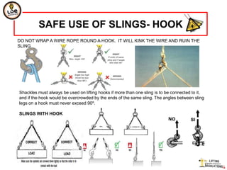 SAFE USE OF SLINGS- HOOK
DO NOT WRAP A WIRE ROPE ROUND A HOOK. IT WILL KINK THE WIRE AND RUIN THE
SLING




Shackles must always be used on lifting hooks if more than one sling is to be connected to it,
and if the hook would be overcrowded by the ends of the same sling. The angles between sling
legs on a hook must never exceed 90º.

SLINGS WITH HOOK
 