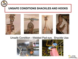 UNSAFE CONDITIONS SHACKLES AND HOOKS




 Unsafe Condition --Welded Pad eye, Shackle Use
 
