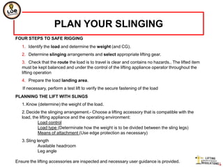 PLAN YOUR SLINGING
FOUR STEPS TO SAFE RIGGING
   1. Identify the load and determine the weight (and CG).
   2. Determine slinging arrangements and select appropriate lifting gear.
   3. Check that the route the load is to travel is clear and contains no hazards.. The lifted item
   must be kept balanced and under the control of the lifting appliance operator throughout the
   lifting operation
   4. Prepare the load landing area.
   If necessary, perform a test lift to verify the secure fastening of the load
PLANNING THE LIFT WITH SLINGS
   1. Know (determine) the weight of the load.
   2. Decide the slinging arrangement.- Choose a lifting accessory that is compatible with the
   load, the lifting appliance and the operating environment:
            Load control
            Load type (Determinate how the weight is to be divided between the sling legs)
            Means of attachment (Use edge protection as necessary)
   3. Sling length
             Available headroom
             Leg angle

Ensure the lifting accessories are inspected and necessary user guidance is provided.
 
