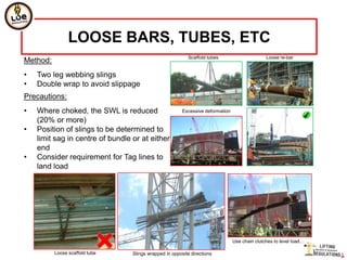 LOOSE BARS, TUBES, ETC
                                                           Scaffold tubes                       Loose re-bar
Method:
•   Two leg webbing slings
•   Double wrap to avoid slippage
Precautions:
•   Where choked, the SWL is reduced                     Excessive deformation

    (20% or more)
•   Position of slings to be determined to
    limit sag in centre of bundle or at either
    end
•   Consider requirement for Tag lines to
    land load




                                                                                 Use chain clutches to level load…

          Loose scaffold tube     Slings wrapped in opposite directions
 