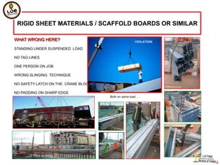 RIGID SHEET MATERIALS / SCAFFOLD BOARDS OR SIMILAR

WHAT WRONG HERE?

STANDING UNDER SUSPENDED LOAD

NO TAG LINES

ONE PERSON ON JOB

WRONG SLINGING TECHNIQUE

NO SAFETY LATCH ON THE CRANE BLOCK

NO PADDING ON SHARP EDGE
                                     Both on same load…..
 