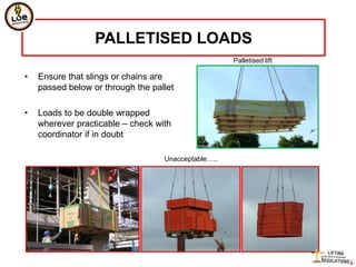PALLETISED LOADS
                                                     Palletised lift

•   Ensure that slings or chains are
    passed below or through the pallet

•   Loads to be double wrapped
    wherever practicable – check with
    coordinator if in doubt

                                   Unacceptable…..
 