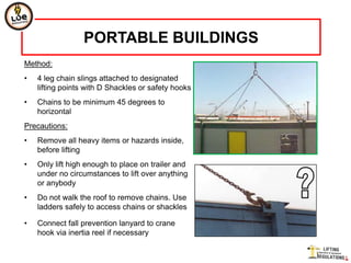 PORTABLE BUILDINGS
Method:
•   4 leg chain slings attached to designated
    lifting points with D Shackles or safety hooks
•   Chains to be minimum 45 degrees to
    horizontal
Precautions:
•   Remove all heavy items or hazards inside,
    before lifting
•   Only lift high enough to place on trailer and
    under no circumstances to lift over anything
    or anybody
•   Do not walk the roof to remove chains. Use
    ladders safely to access chains or shackles

•   Connect fall prevention lanyard to crane
    hook via inertia reel if necessary
 