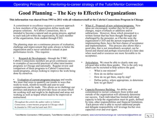 Good Planning – The Key to Effective Organizations
A commitment to excellence requires a common approach
to how members of the organization define needs and
propose solutions. At Cabrini Connections, this is
intended to become a natural and on-going process, applied
to each task/job within the organization, by each member
of the organization, from student through CEO.
The planning steps are a continuous process of evaluation,
challenge and improvement that seeks always to better the
organization and is never satisfied to remain at past
performance levels. This requires:
• Research & Development - through the T/MC,
Cabrini Connections members are given continuous access
to examples of successful practices of other tutor/mentor
programs in Chicago and nationally. Regular review and
comparison of these programs to Cabrini Connections
needs/programs, always looking to improve the work being
done by ourselves.
• Evaluation of current programs/structure and results.
We must find ways to quantify our results in ways that
week-to-week, month-to-month and year-to-year
comparisons can be made. This allows us to challenge our
premises and practices and provides focus on areas which
are working well and might to be duplicated and areas not
working as well as hoped which need to be improved or
restructured.
• What if.../Proposal of new solutions/programs. New
ideas are encouraged, weather they be for small
changes, major overhauls or additions and/or
subtractions. However, those which presented in a
written format that has been thought through and
challenged by the presenter, as if he/she were the
organization's CEO and the person responsible for
implementing them, have the best chance of acceptance
and implementation. This process also allows that a
good idea, that is not immediately accepted, can be
stored and shared and perhaps resurrected at a later date
when need and/or resources are more favorable to its
acceptance.
• Articulation. We must be able to clearly state any
job/goal/idea within these guides. This is the only way
others can be recruited to help achieve the goal.
– What is our mission?
– How do we define success?
– How do we get there, step by step?
– Define policy, where appropriate, to determine
how we get there?
• Capacity/Resource Building. An ability and
commitment to recruit volunteers from within and
outside of the organization will ultimately determine
our success. Each individual has limited individual
capacity to help the organization meet its goals, defined
by time, other responsibilities and financial limitations.
Each person who is able to recruit additional people
and delegate responsibility will leverage his/her own
capacities over and over again.
Pg 13
Operating Principles: A mentoring-to-career strategy of the Tutor/Mentor Connection
This information was shared from 1993 to 2011 with all volunteers/staff at the Cabrini Connections Program in Chicago
Tutor/Mentor Connection (1993-present), Tutor/Mentor Institute, LLC (2011-present), www.tutormentorexchange.net tutormentor2@earthlink.net
Throughout this article the author refers to Cabrini
Connections, a tutor/mentor program in Chicago which
he founded in 1993 and led until mid-2011.
 