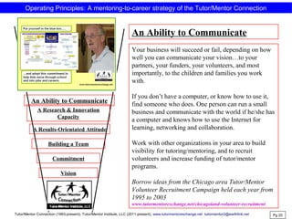 An Ability to Communicate
Your business will succeed or fail, depending on how
well you can communicate your vision…to your
partners, your funders, your volunteers, and most
importantly, to the children and families you work
with.
If you don’t have a computer, or know how to use it,
find someone who does. One person can run a small
business and communicate with the world if he/she has
a computer and knows how to use the Internet for
learning, networking and collaboration.
Work with other organizations in your area to build
visibility for tutoring/mentoring, and to recruit
volunteers and increase funding of tutor/mentor
programs.
Borrow ideas from the Chicago area Tutor/Mentor
Volunteer Recruitment Campaign held each year from
1995 to 2003
www.tutormentorexchange.net/chicagoland-volunteer-recruitment
An Ability to Communicate
Pg 20
A Research & Innovation
Capacity
A Results-Orientated Attitude
Vision
Commitment
Building a Team
Operating Principles: A mentoring-to-career strategy of the Tutor/Mentor Connection
Tutor/Mentor Connection (1993-present), Tutor/Mentor Institute, LLC (2011-present), www.tutormentorexchange.net tutormentor2@earthlink.net
 