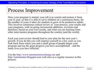 Process Improvement
Once your program is started, your job is to sustain and nurture it from
year to year, so that it is able to serve children on a continuous basis, for
the number of years it takes for students to grow to be productive adults.
This involves continuous critical review of your process, your results and
your programs, with on-going incremental additions, revisions and
deletions, based on your own results, and what you are learning from
other tutor/mentor programs throughout the country (and the world).
Each year your review should lead to your plan for the next year’s
growth. If you do this you will surprise yourself in a few years as you
look back from where you and a small group of people began your
program and see the great progress you have accomplished – and the
many lives you have affected.
Use the http://www.tutormentorexchange.net and
http://tutormentor.blogspot.com web sites as a regular resource in this
process.
Pg 24
Operating Principles: A mentoring-to-career strategy of the Tutor/Mentor Connection
Tutor/Mentor Connection (1993-present), Tutor/Mentor Institute, LLC (2011-present), www.tutormentorexchange.net tutormentor2@earthlink.net
 