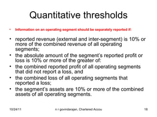 Quantitative thresholds Information on an operating segment should be separately reported if:  reported revenue (external and inter-segment) is 10% or more of the combined revenue of all operating segments; the absolute amount of the segment’s reported profit or loss is 10% or more of the greater of: the combined reported profit of all operating segments that did not report a loss, and the combined loss of all operating segments that reported a loss; the segment’s assets are 10% or more of the combined assets of all operating segments. 