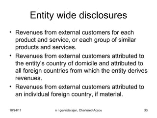 Entity wide disclosures Revenues from external customers for each product and service, or each group of similar products and services. Revenues from external customers attributed to the entity’s country of domicile and attributed to all foreign countries from which the entity derives revenues. Revenues from external customers attributed to an individual foreign country, if material. 
