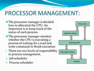 PROCESSOR MANAGEMENT:
⚫The processor manager is decided
how to allocated the CPU. An
important is to keep track of the
status of each process.
⚫The processor manager monitor
whether the CPU is executing a
process of waiting for a read and
write command to finish execution
• There are two levels of responsibility
in process management,
 Job scheduler
 Process scheduler
 