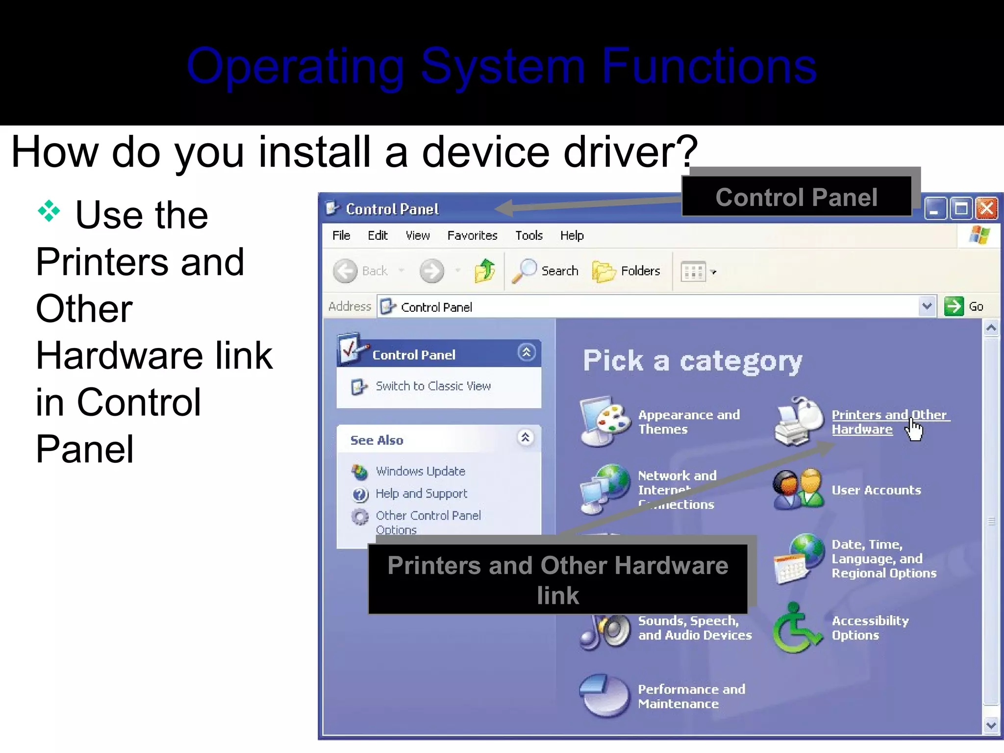  Use the
Printers and
Other
Hardware link
in Control
Panel
Printers and Other Hardware
link
Printers and Other Hardware
link
Operating System Functions
How do you install a device driver?
Control PanelControl Panel
 