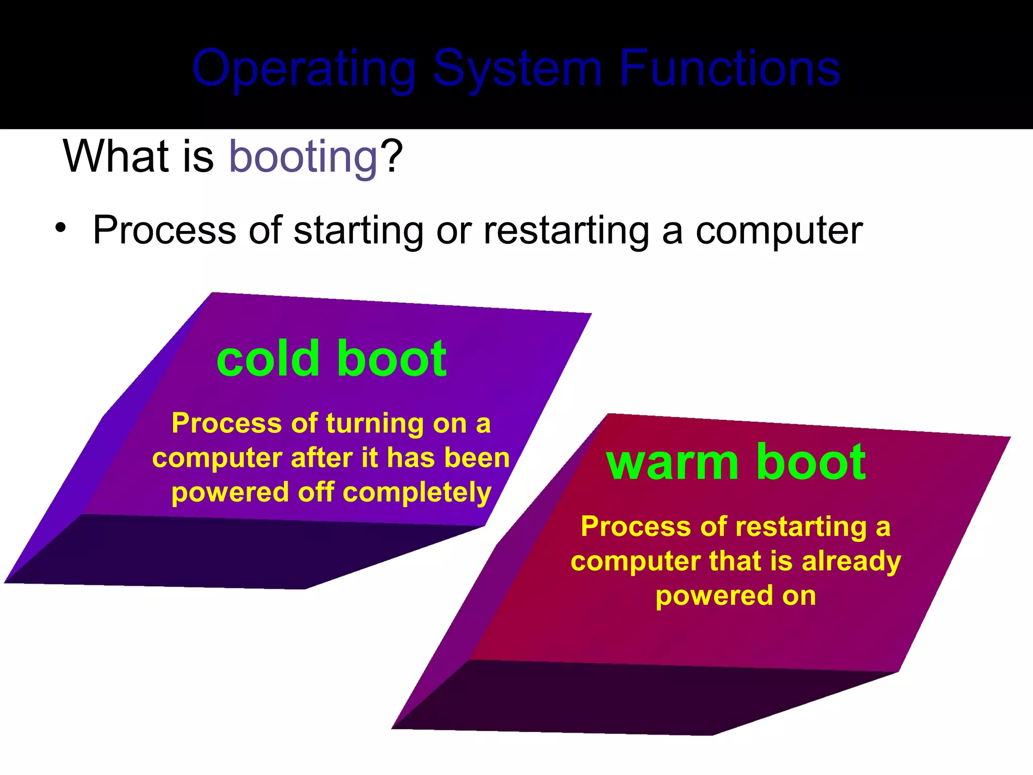 Operating System Functions
What is booting?
• Process of starting or restarting a computer
cold boot
Process of turning on a
computer after it has been
powered off completely
warm boot
Process of restarting a
computer that is already
powered on
 