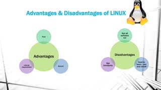 Advantages & Disadvantages of LINUX
Advantages
Free
Secure
Low pc
requirement
Disadvantages
Not all
software
run
Hard to
learn , use
and install
Not
familiarity
 