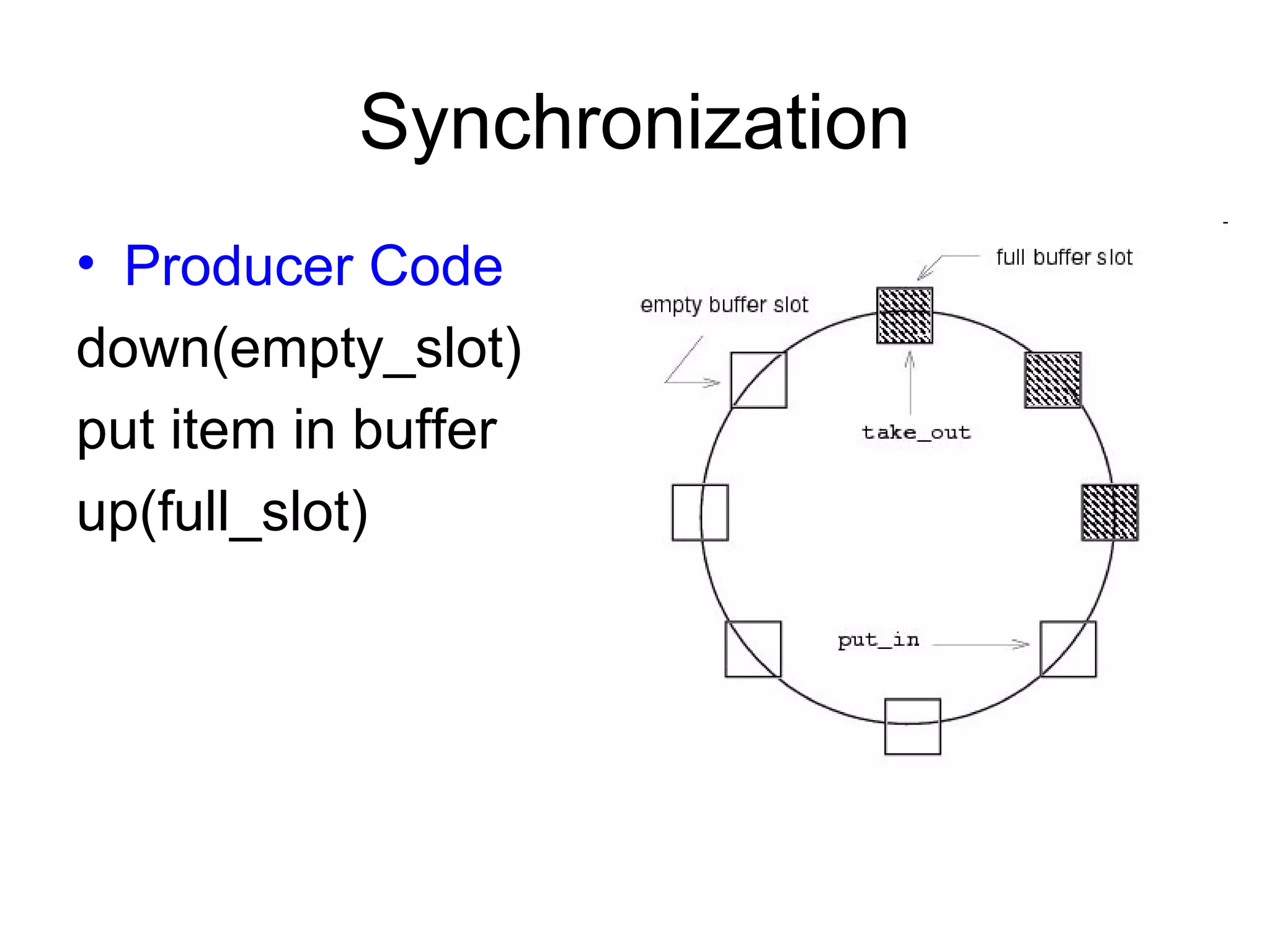 Synchronization
• Producer Code
down(empty_slot)
put item in buffer
up(full_slot)
 