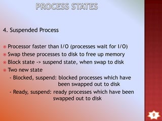 4. Suspended Process
 Processor faster than I/O (processes wait for I/O)
 Swap these processes to disk to free up memory
 Block state -> suspend state, when swap to disk
 Two new state
- Blocked, suspend: blocked processes which have
been swapped out to disk
- Ready, suspend: ready processes which have been
swapped out to disk
 