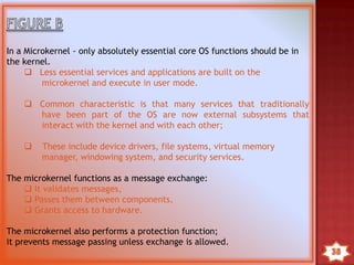  This structures the operating system by removing all
nonessential portions of the kernel and implementing
them as system and user and user level programs.
 Provide minimal process and memory management &
communication facility
 Communication between components if the OS is
provided by massage passing
 
