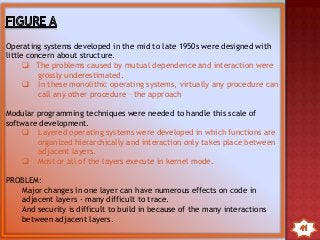 Operating systems developed in the mid to late 1950s were designed with
little concern about structure.
 The problems caused by mutual dependence and interaction were
grossly underestimated.
 In these monolithic operating systems, virtually any procedure can
call any other procedure – the approach
Modular programming techniques were needed to handle this scale of
software development.
 Layered operating systems were developed in which functions are
organized hierarchically and interaction only takes place between
adjacent layers.
 Most or all of the layers execute in kernel mode.
PROBLEM:
Major changes in one layer can have numerous effects on code in
adjacent layers - many difficult to trace.
And security is difficult to build in because of the many interactions
between adjacent layers.
 