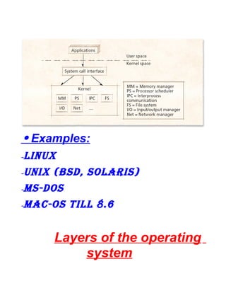 • Examples:
–

Linux

–

unix (BSD, SoLariS)

–

MS-DoS

–

MaC-oS tiLL 8.6

Layers of the operating
system

 