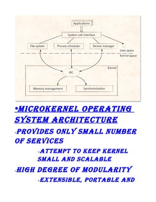 •MiCrokerneL operating
SySteM arChiteCture
proviDeS onLy SMaLL nuMBer
of ServiCeS
–

atteMpt to keep kerneL
SMaLL anD SCaLaBLe
•

–

high Degree of MoDuLarity
•

extenSiBLe, portaBLe anD

 