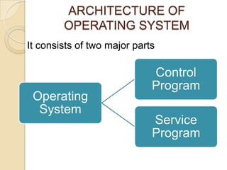 ARCHITECTURE OF
OPERATING SYSTEM
It consists of two major parts
Operating
System
Control
Program
Service
Program
 