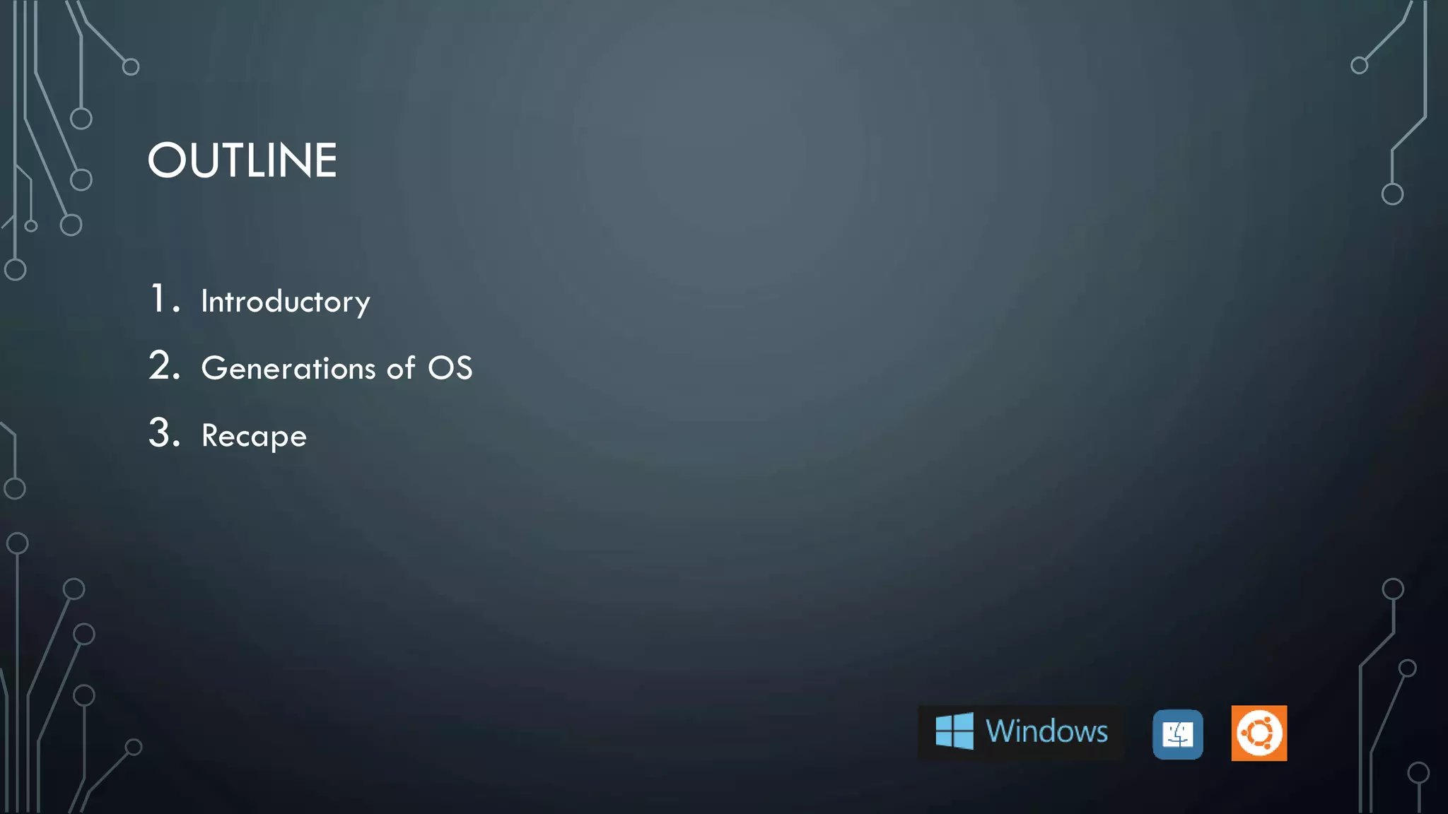 OUTLINE
1. Introductory
2. Generations of OS
3. Recape
 