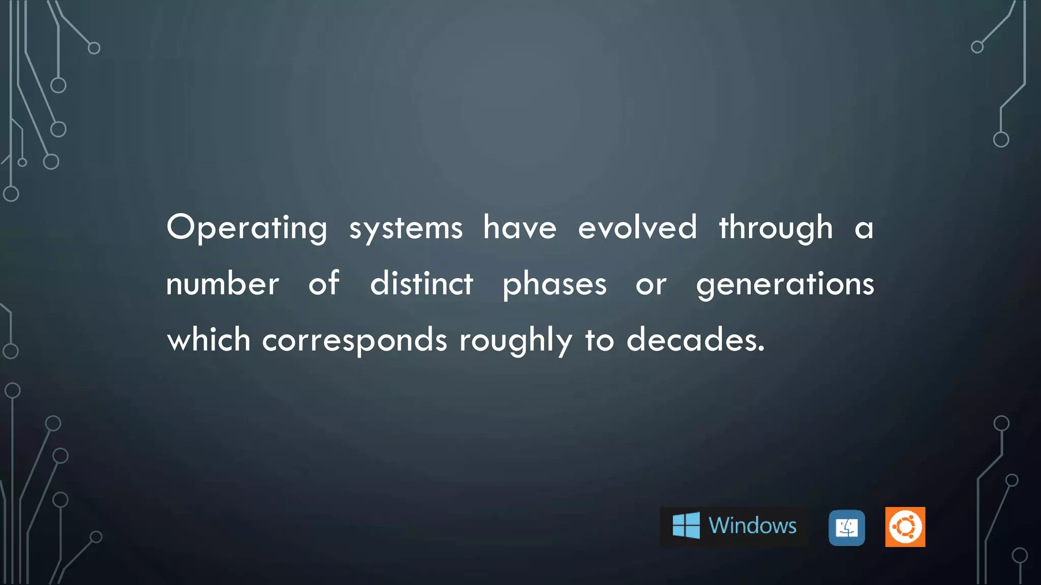 Operating systems have evolved through a
number of distinct phases or generations
which corresponds roughly to decades.
 