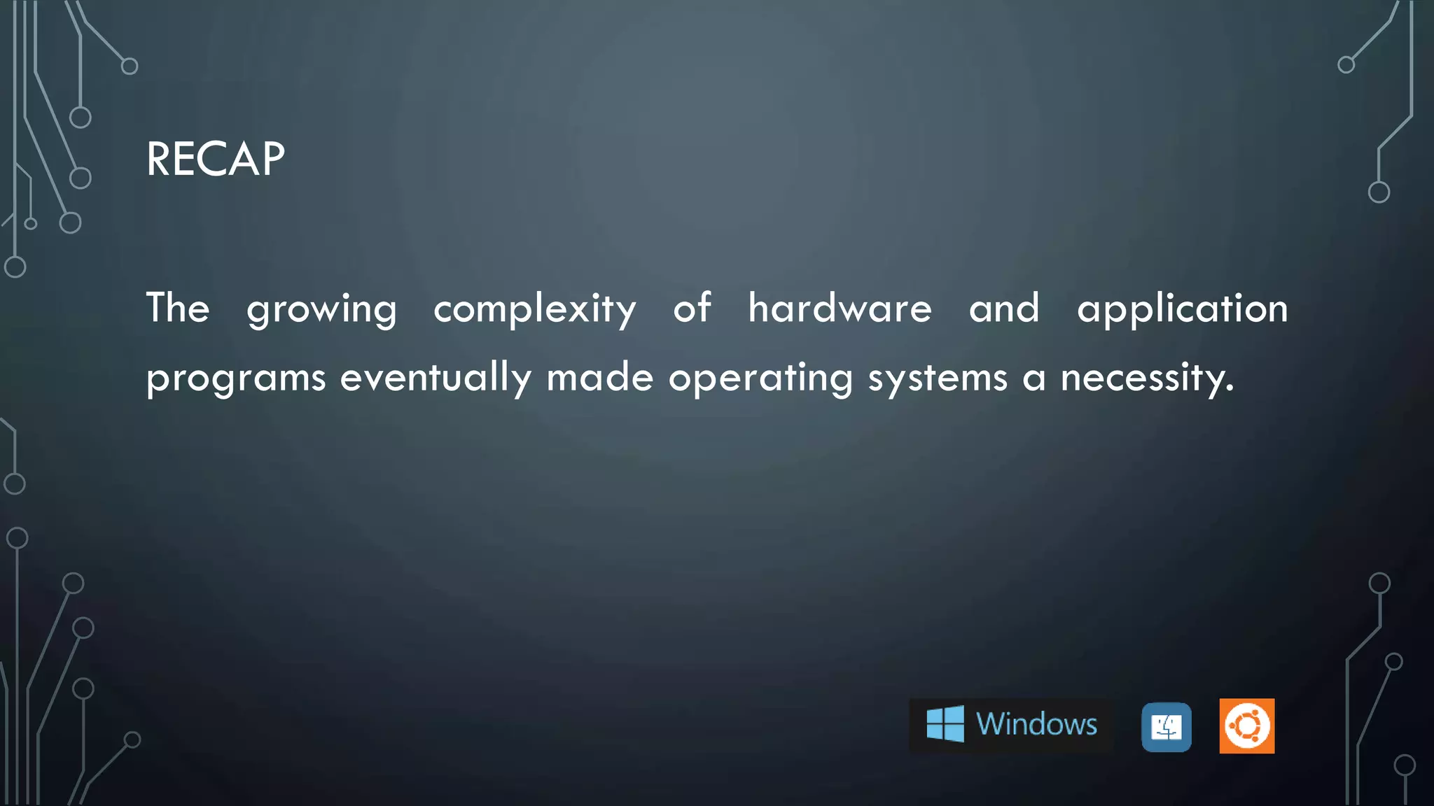 RECAP
The growing complexity of hardware and application
programs eventually made operating systems a necessity.
 