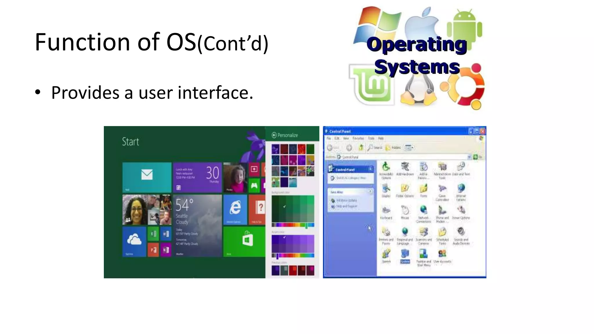 Function of OS(Cont’d)
• Provides a user interface.
 