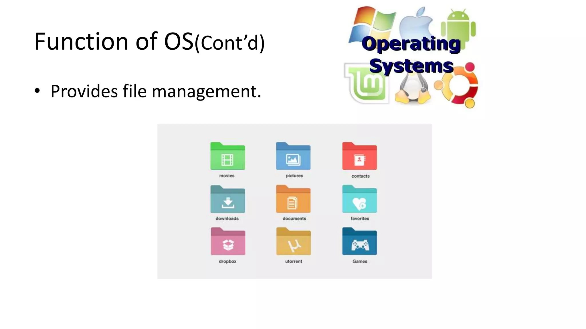Function of OS(Cont’d)
• Provides file management.
 
