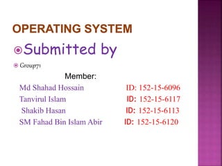 Submitted by
 Group71
Member:
Md Shahad Hossain ID: 152-15-6096
Tanvirul Islam ID: 152-15-6117
Shakib Hasan ID: 152-15-6113
SM Fahad Bin Islam Abir ID: 152-15-6120
 