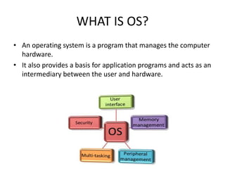 WHAT IS OS?
• An operating system is a program that manages the computer
hardware.
• It also provides a basis for application programs and acts as an
intermediary between the user and hardware.
 