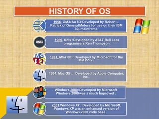 HISTORY OF OS
1956, GM-NAA I/O:Developed by Robert L.
Patrick of General Motors for use on their IBM
704 mainframe.
1969, Unix :Developed by AT&T Bell Labs
programmers Ken Thompson.
1981, MS-DOS: Developed by Microsoft for the
IBM PC’s .
1984, Mac OS :: Developed by Apple Computer,
Inc .
Windows 2000: Developed by Microsoft
Windows 2000 was a much Improved .
2001 Windows XP : Developed by Microsoft,
Windows XP was an enhanced version of
Windows 2000 code base .
 
