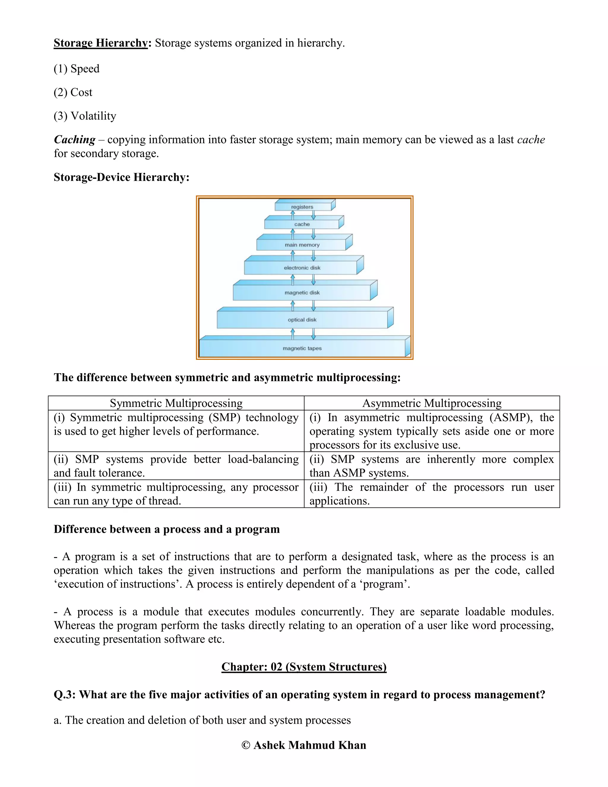 © Ashek Mahmud Khan
Storage Hierarchy: Storage systems organized in hierarchy.
(1) Speed
(2) Cost
(3) Volatility
Caching – copying information into faster storage system; main memory can be viewed as a last cache
for secondary storage.
Storage-Device Hierarchy:
The difference between symmetric and asymmetric multiprocessing:
Symmetric Multiprocessing Asymmetric Multiprocessing
(i) Symmetric multiprocessing (SMP) technology
is used to get higher levels of performance.
(i) In asymmetric multiprocessing (ASMP), the
operating system typically sets aside one or more
processors for its exclusive use.
(ii) SMP systems provide better load-balancing
and fault tolerance.
(ii) SMP systems are inherently more complex
than ASMP systems.
(iii) In symmetric multiprocessing, any processor
can run any type of thread.
(iii) The remainder of the processors run user
applications.
Difference between a process and a program
- A program is a set of instructions that are to perform a designated task, where as the process is an
operation which takes the given instructions and perform the manipulations as per the code, called
„execution of instructions‟. A process is entirely dependent of a „program‟.
- A process is a module that executes modules concurrently. They are separate loadable modules.
Whereas the program perform the tasks directly relating to an operation of a user like word processing,
executing presentation software etc.
Chapter: 02 (System Structures)
Q.3: What are the five major activities of an operating system in regard to process management?
a. The creation and deletion of both user and system processes
 