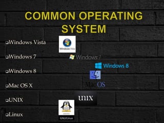 Windows Vista
Windows 7
Windows 8
Mac OS X
UNIX
Linux
 