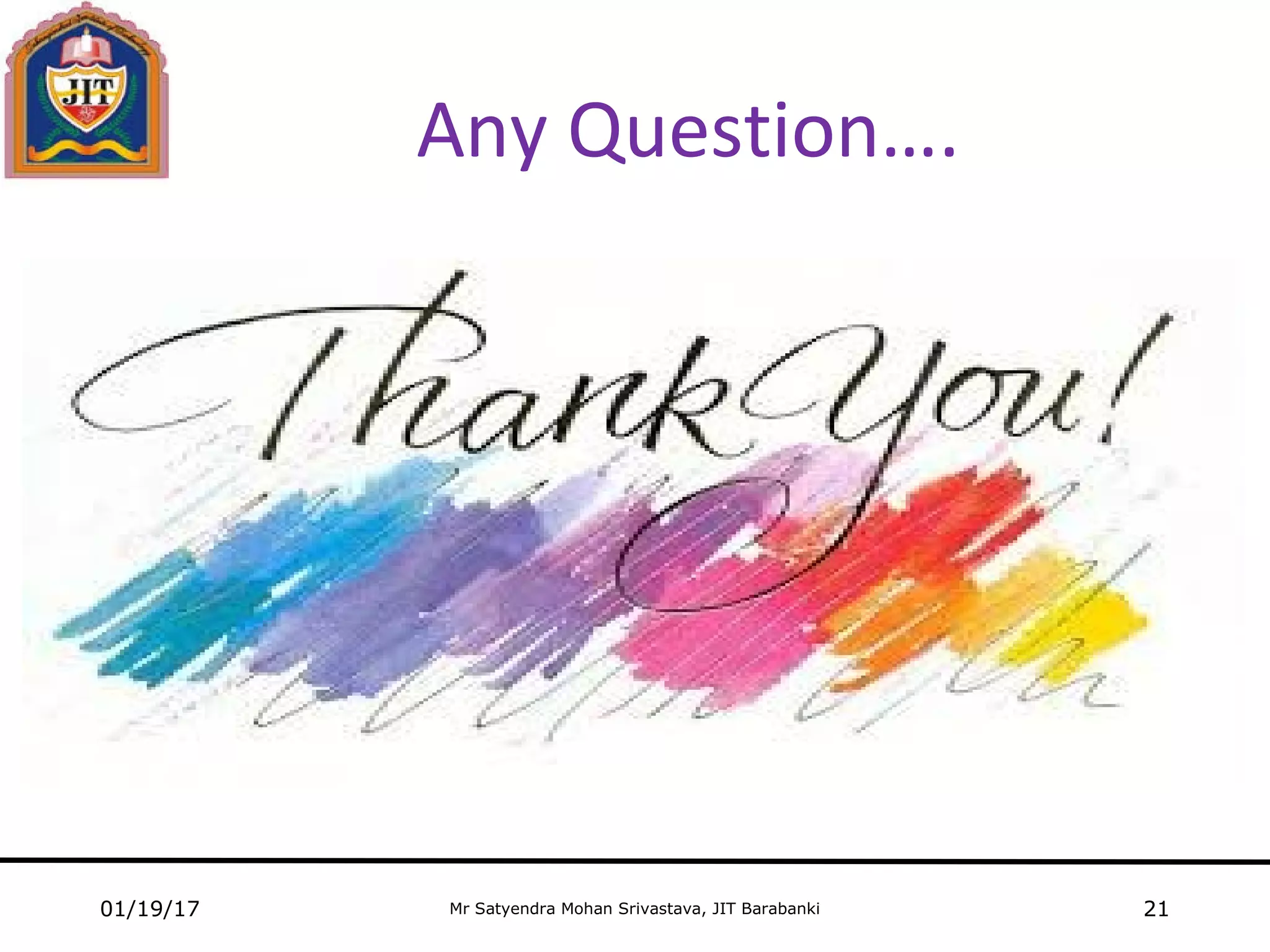 Mr Satyendra Mohan Srivastava, JIT Barabanki
Any Question….
01/19/17 21
 