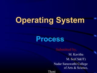 Operating System
Process
Submitted by,
M. Kavitha
M. Sc(CS&IT)
Nadar Saraswathi College
of Arts & Science,
Theni
 