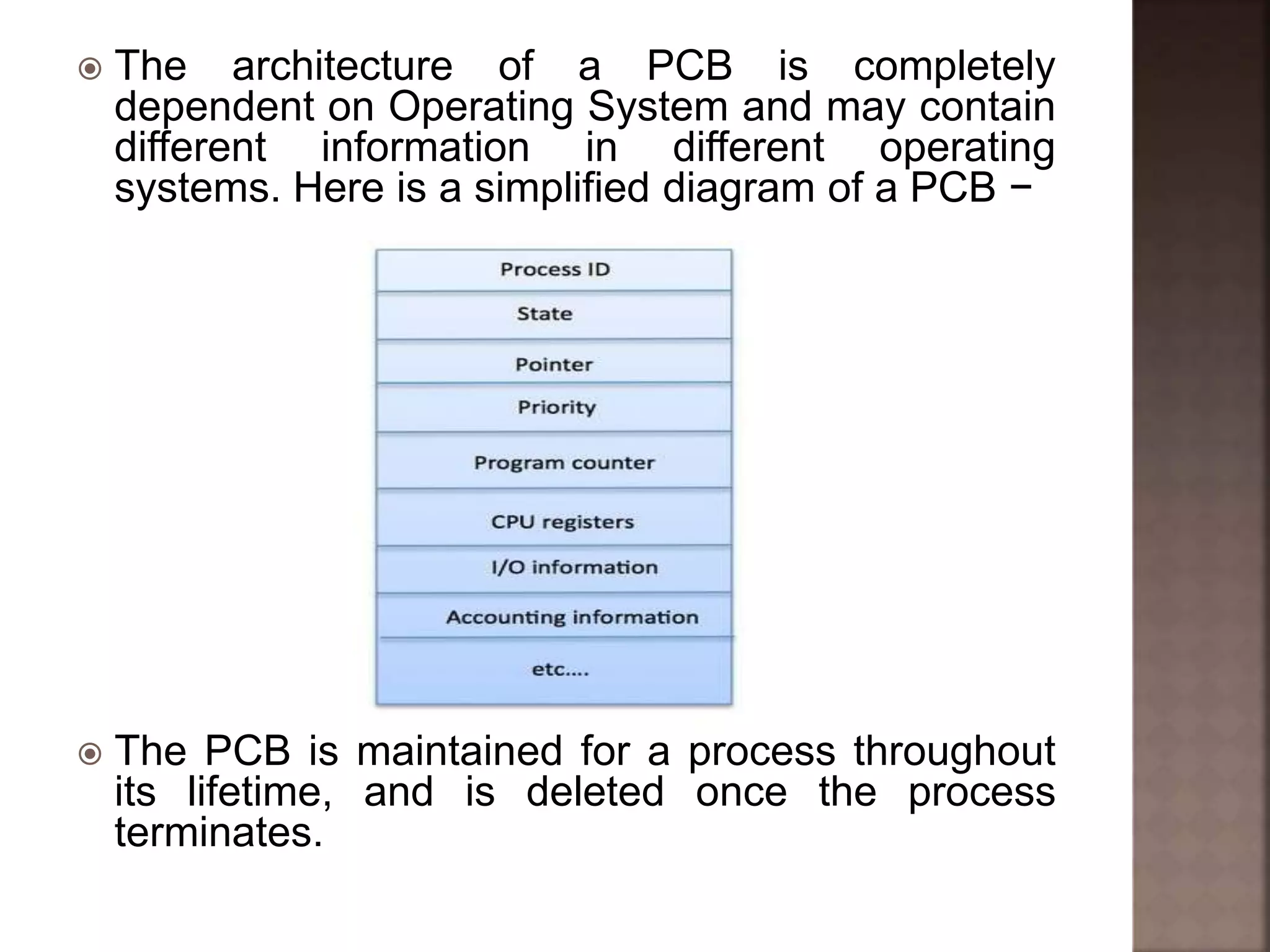  The architecture of a PCB is completely
dependent on Operating System and may contain
different information in different operating
systems. Here is a simplified diagram of a PCB −
 The PCB is maintained for a process throughout
its lifetime, and is deleted once the process
terminates.
 