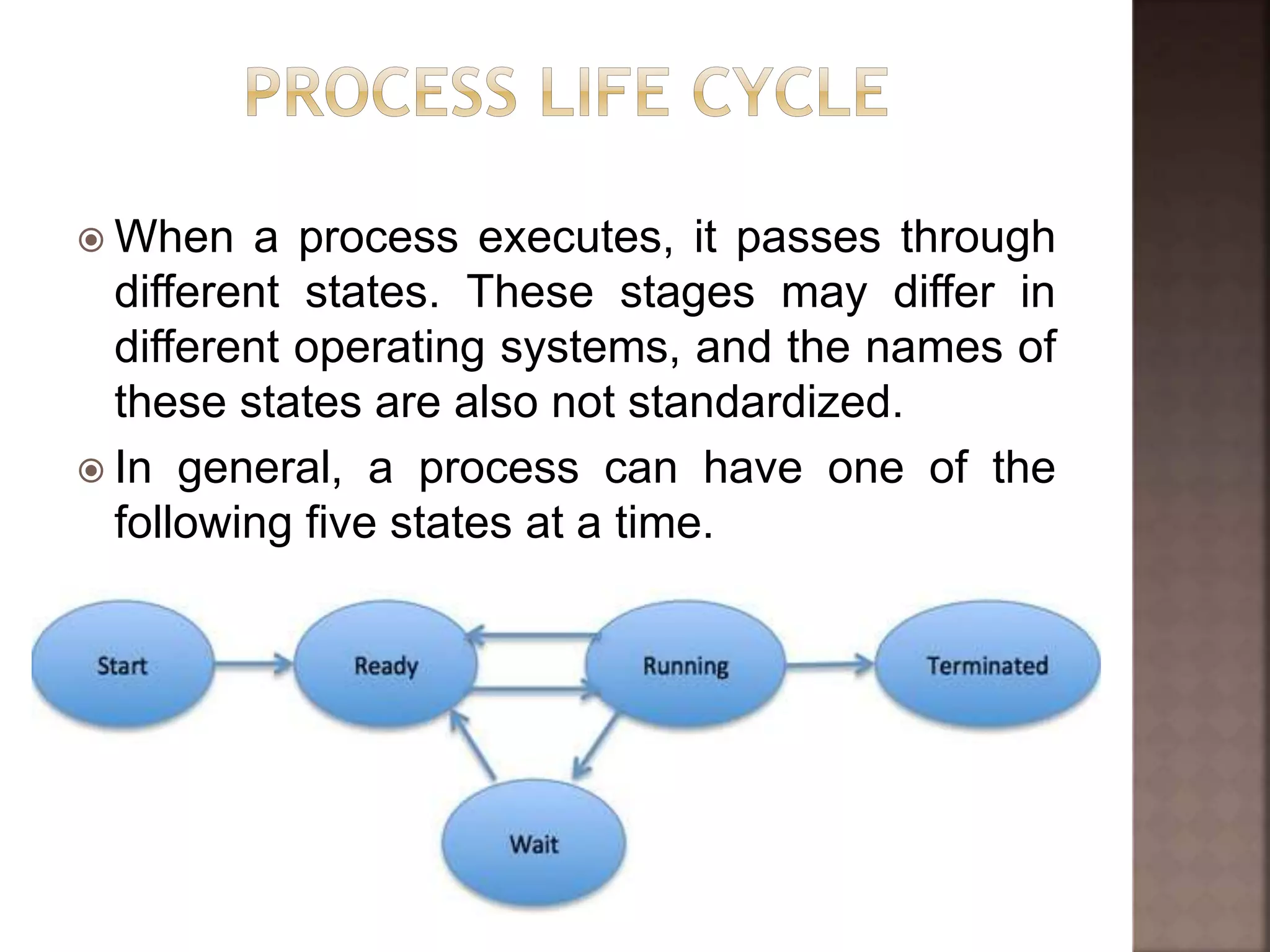  When a process executes, it passes through
different states. These stages may differ in
different operating systems, and the names of
these states are also not standardized.
 In general, a process can have one of the
following five states at a time.
 