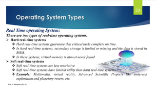 Operating System Types
Prof. K. Adisesha (Ph. D)
22
Real Time operating System:
There are two types of real-time operating systems.
➢ Hard real-time systems
❖ Hard real-time systems guarantee that critical tasks complete on time.
❖ In hard real-time systems, secondary storage is limited or missing and the data is stored in
ROM.
❖ In these systems, virtual memory is almost never found.
➢ Soft real-time systems
❖ Soft real-time systems are less restrictive.
❖ Soft real-time systems have limited utility than hard real-time systems.
❖ Example: Multimedia, virtual reality, Advanced Scientific Projects like undersea
exploration and planetary rovers, etc.
 