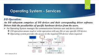 Operating System - Services
Prof. K. Adisesha (Ph. D)
26
I/O Operation:
An I/O subsystem comprises of I/O devices and their corresponding driver software.
Drivers hide the peculiarities of specific hardware devices from the users.
➢ An Operating System manages the communication between user and device drivers:
❖ I/O operation means read or write operation with any file or any specific I/O device.
❖ Operating system provides the access to the required I/O device when required.
 