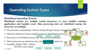 Operating System Types
Dr. K. Adisesha
19
Distributed operating System:
Distributed systems use multiple central processors to serve multiple real-time
applications and multiple users. Data processing jobs are distributed among the
processors accordingly.
➢ The processors communicate with one another through various communication lines.
➢ These are referred as loosely coupled systems or distributed systems.
➢ Processors in a distributed system may vary in size and function.
➢ These processors are referred as sites, nodes, computers, and so on.
➢ Examples: Solaris, OSF/1, Micros,
DYNIX, Locus, Mach
 