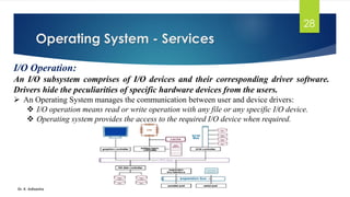 Operating System - Services
Dr. K. Adisesha
28
I/O Operation:
An I/O subsystem comprises of I/O devices and their corresponding driver software.
Drivers hide the peculiarities of specific hardware devices from the users.
➢ An Operating System manages the communication between user and device drivers:
❖ I/O operation means read or write operation with any file or any specific I/O device.
❖ Operating system provides the access to the required I/O device when required.
 