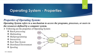 Operating System - Properties
Dr. K. Adisesha
33
Properties of Operating System:
Operating System refers to a mechanism to access the programs, processes, or users to
the resources defined by a computer system.
➢ Following are the properties of Operating System:
❖ Batch processing.
❖ Multitasking
❖ Multiprogramming
❖ Interactivity
❖ Real Time System
❖ Distributed Environment
❖ Spooling
 