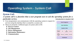 Operating System - System Call
Dr. K. Adisesha
41
System Call:
A system call is a function that a user program uses to ask the operating system for a
particular service.
➢ User programmers can communicate with the operating system to request its
services using the interface that is created by a system call.
➢ There are primarily 5 different types of system calls in OS:
❖ Process Control
❖ File Management
❖ Device Management
❖ Information Maintenance
❖ Communication
 