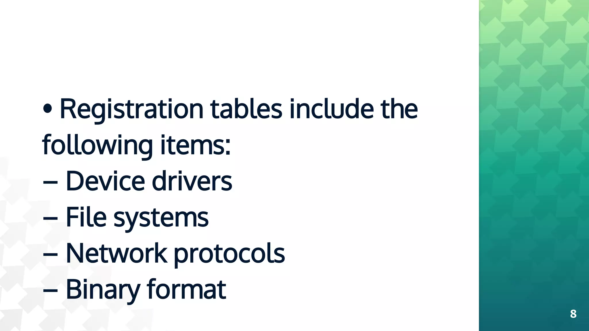 • Registration tables include the
following items:
– Device drivers
– File systems
– Network protocols
– Binary format
8
 