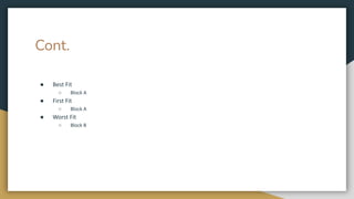 Cont.
● Best Fit
○ Block A
● First Fit
○ Block A
● Worst Fit
○ Block B
 