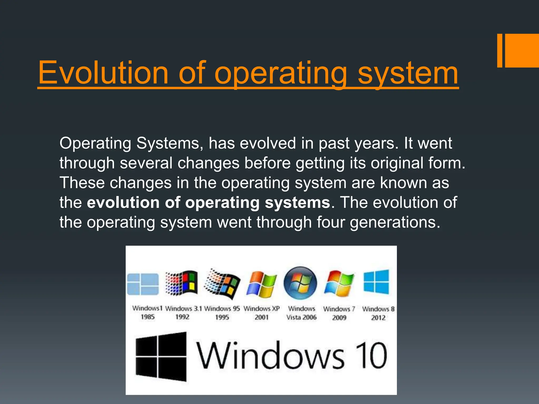 Evolution of operating system
Operating Systems, has evolved in past years. It went
through several changes before getting its original form.
These changes in the operating system are known as
the evolution of operating systems. The evolution of
the operating system went through four generations.
 