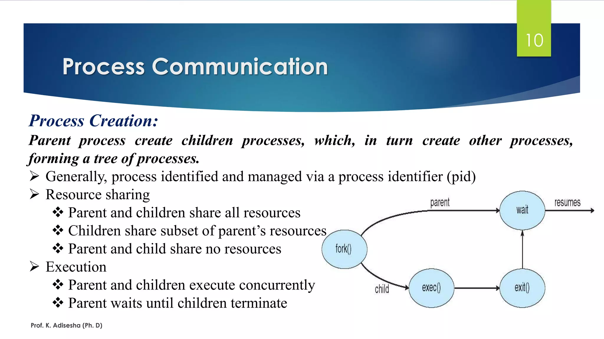 Process Communication
Prof. K. Adisesha (Ph. D)
10
Process Creation:
Parent process create children processes, which, in turn create other processes,
forming a tree of processes.
➢ Generally, process identified and managed via a process identifier (pid)
➢ Resource sharing
❖ Parent and children share all resources
❖ Children share subset of parent’s resources
❖ Parent and child share no resources
➢ Execution
❖ Parent and children execute concurrently
❖ Parent waits until children terminate
 